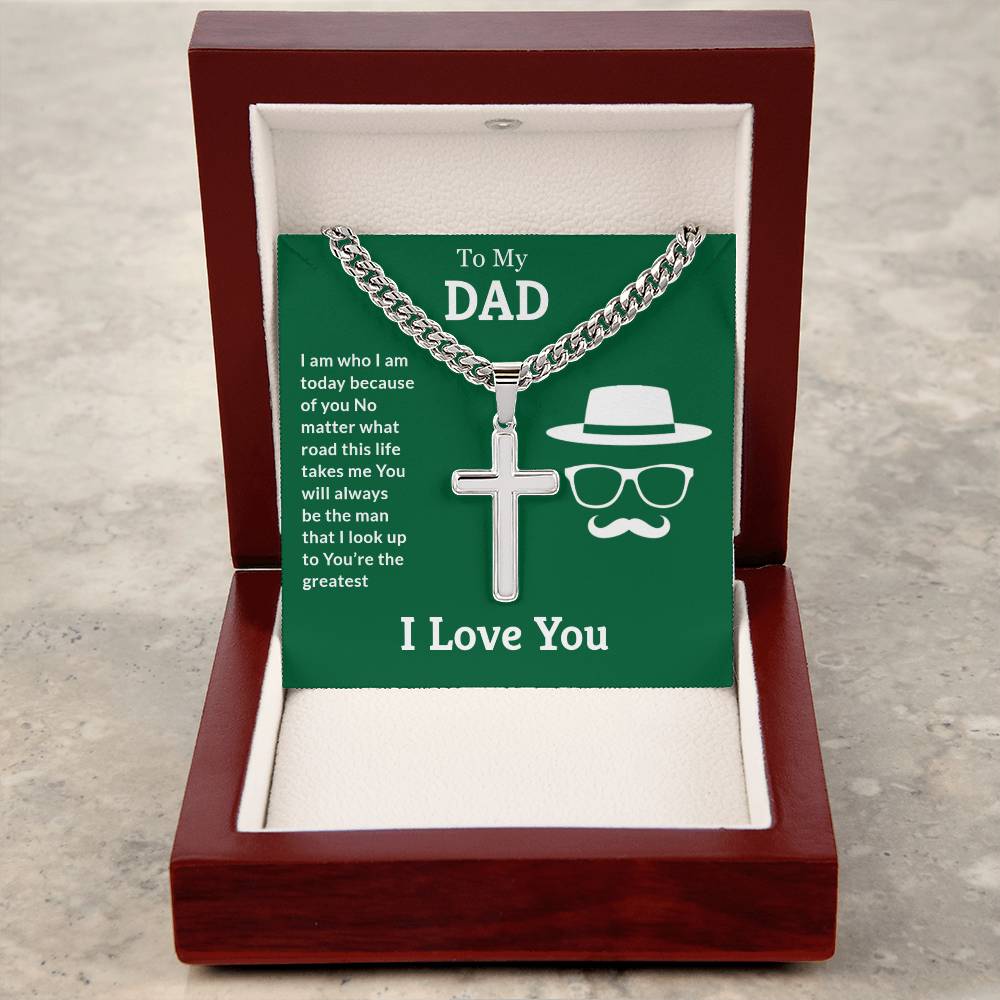 To My Dad Artisan Cross Necklace on Cuban Chain w/ MC