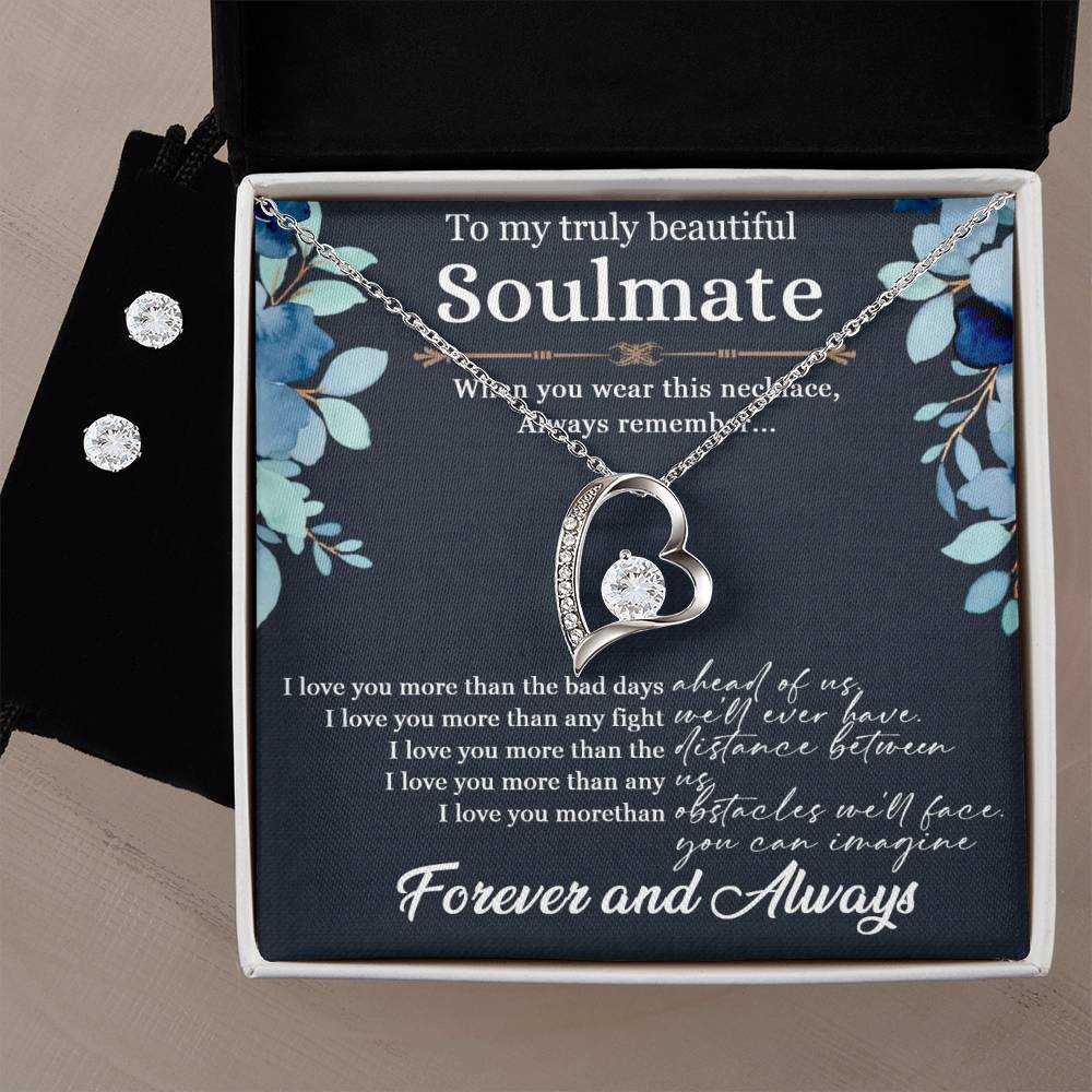 To My Soulmate Forever Love Necklace + Clear CZ Earrings
