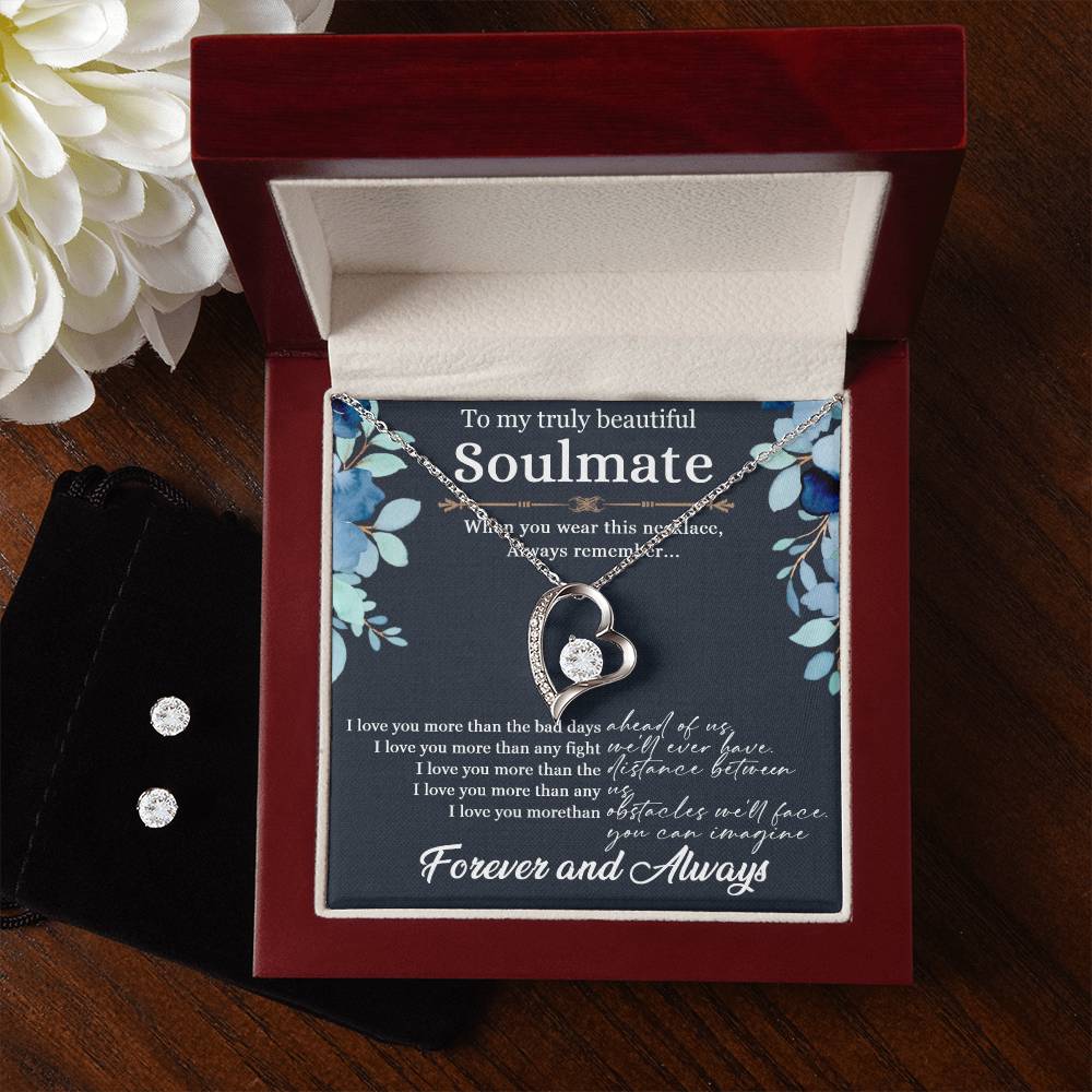 To My Soulmate Forever Love Necklace + Clear CZ Earrings