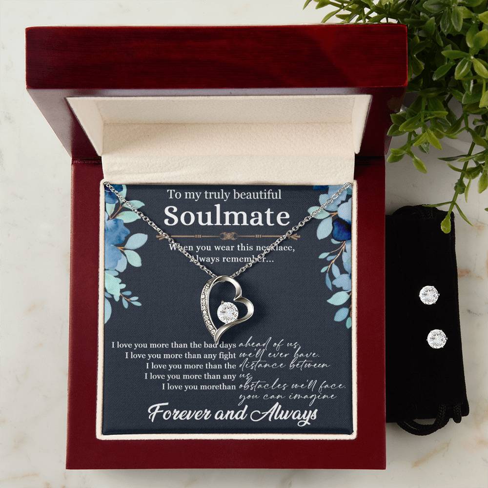 To My Soulmate Forever Love Necklace + Clear CZ Earrings