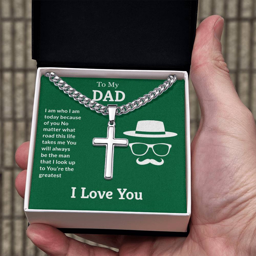 To My Dad Artisan Cross Necklace on Cuban Chain w/ MC