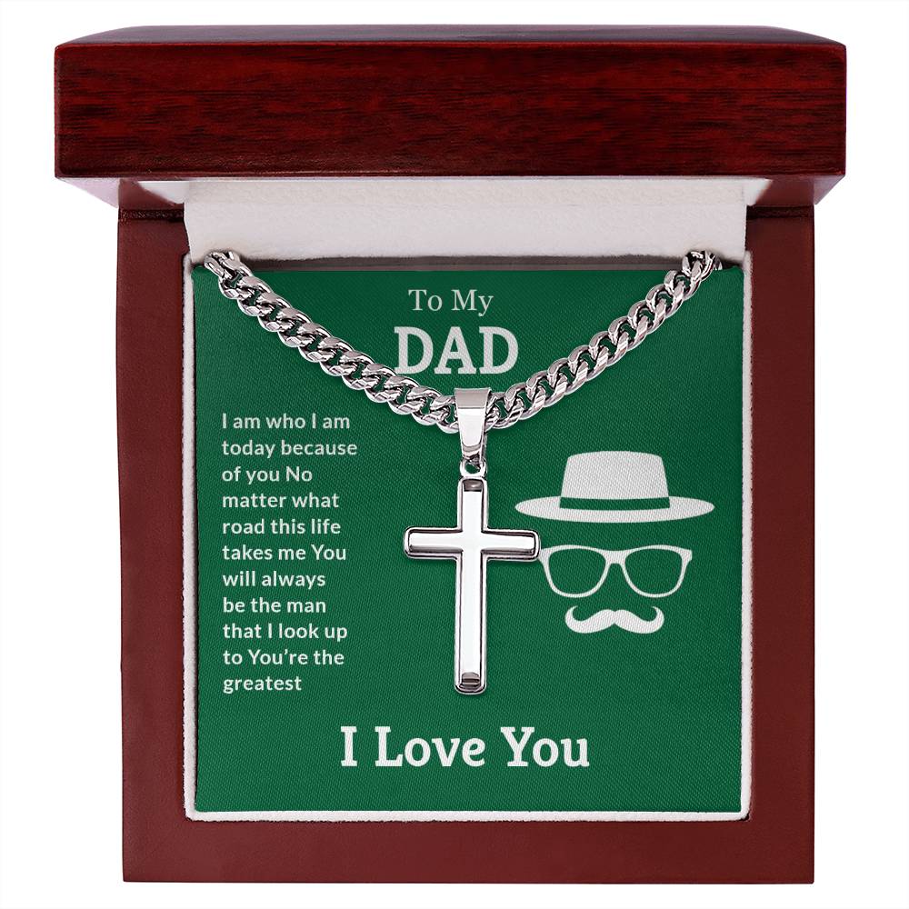 To My Dad Artisan Cross Necklace on Cuban Chain w/ MC